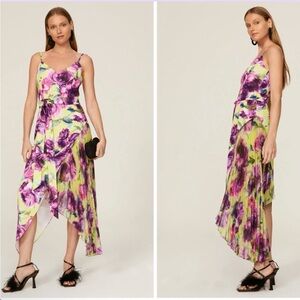 Badgley Mischka Multicolored Pleated Dress Size 10 Yellow Purple High Low